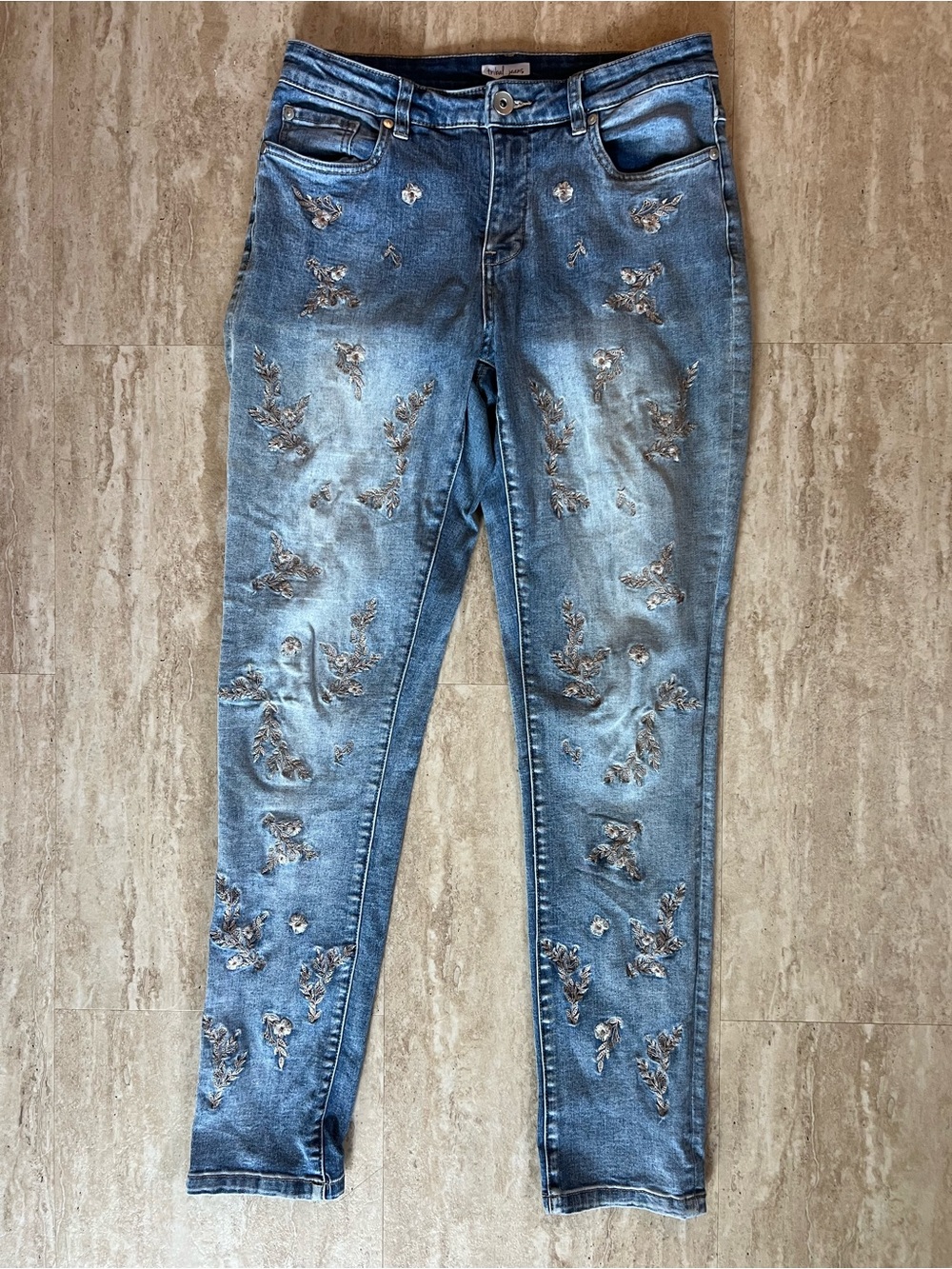 Tribal Blue Floral Full Front Embroidered Straight-Leg Jeans 6
